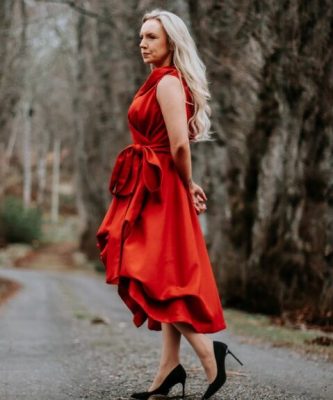 Red Loch Carron wrap dress by Thistle and Cloth